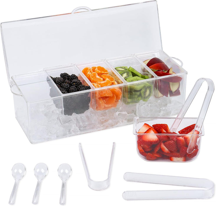 Condiment Caddy with 5 Removable Containers (2.5Cup) & Tongs/Spoon Set - Great Condiment Containers for Salad Bar, Garnish Tray, Pizza Topping Station, Bar Supplies, Vegetable Tray With Lid