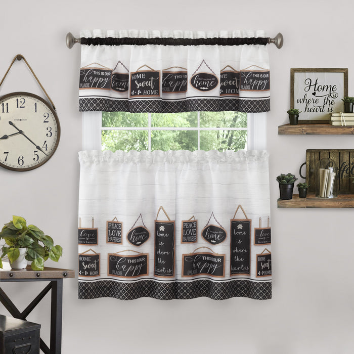 Modern Farmhouse Tier and Valance Set with Wood Textured Design and Cute Love Signs - Window Curtains, 58x13 inches - Black - 58x24