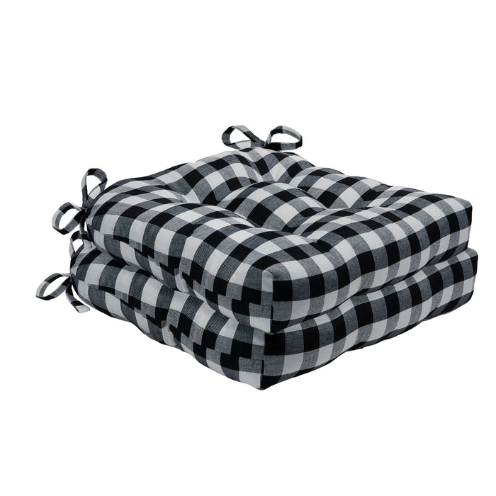 Check Tufted Chair Seat Cushions - Set of 2 with Stain-Repellent Poly-Cotton Fabric - Black/White