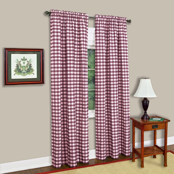 Buffalo Check Window Curtain Panel, 42 Inches Width, Light Filtering, Easy-Care Blend, Sold Separately - Burgundy - 42x63