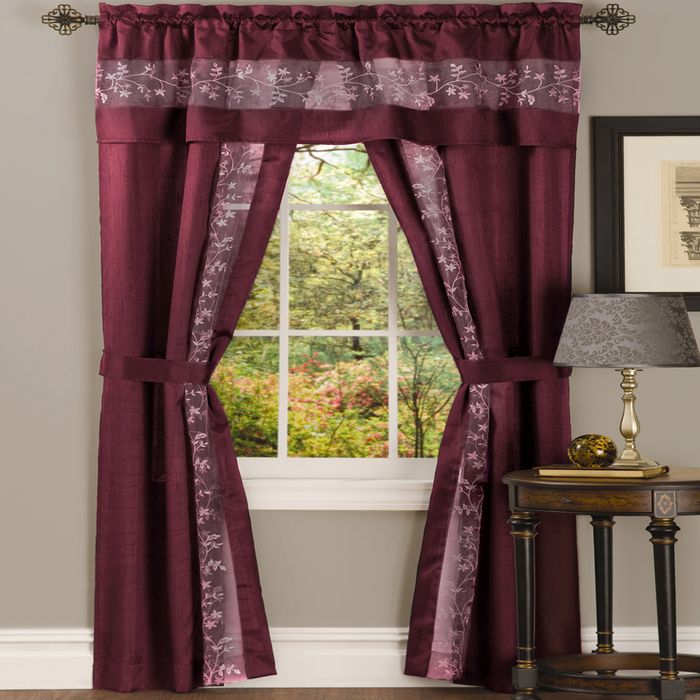 Fairfield 5 Piece Window Curtain Set with Embroidered Sheer Stripe and Attached Valance - Burgundy - 55x63
