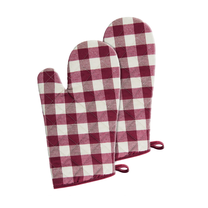 Check Oven Mitt - 7-inx13-in - Set of Two - Burgundy
