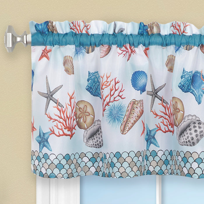Coastal Tier and Valance Window Curtain Set with Fish-Scale Borders and Sea Motifs