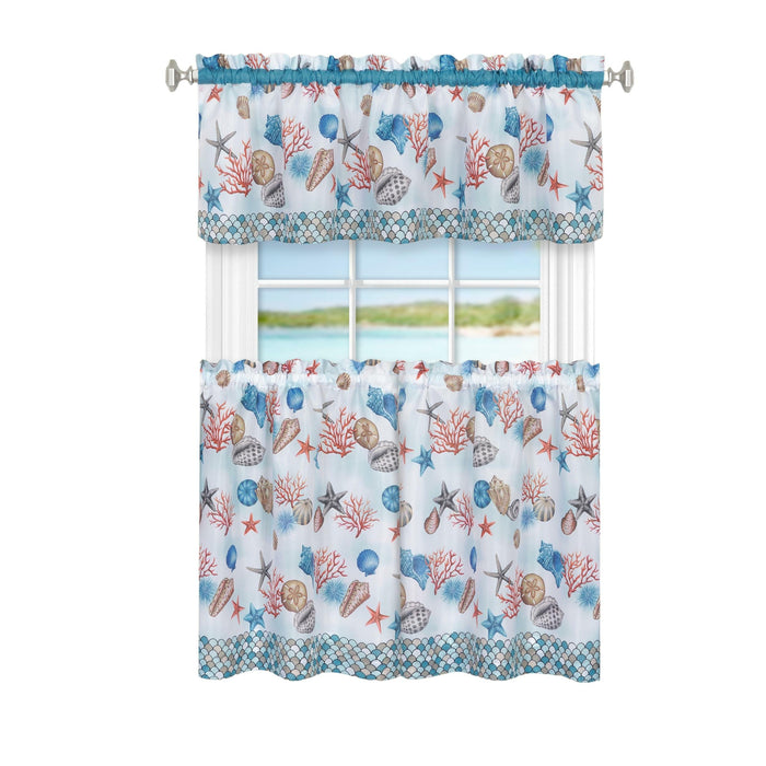 Coastal Tier and Valance Window Curtain Set with Fish-Scale Borders and Sea Motifs