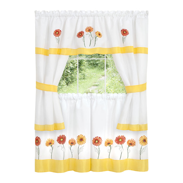Embellished Cottage Window Curtain Set with Chefs Design, 5-Piece, Gerbera Daisy Style - 58x36