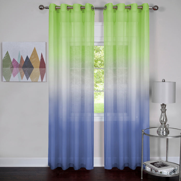 Rainbow Ombre Single Grommet Window Curtain Panel, 52" Width, Semi-Sheer Polyester, Machine Washable - Green - 52x63