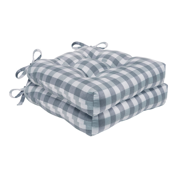 Check Tufted Chair Seat Cushions - Set of 2 with Stain-Repellent Poly-Cotton Fabric - Grey