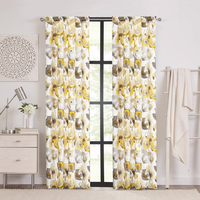 Field Rod Pocket Window Curtain Panel - Poppy Print, Room Darkening, Machine Washable, 50 inch Width - Grey - 50x63