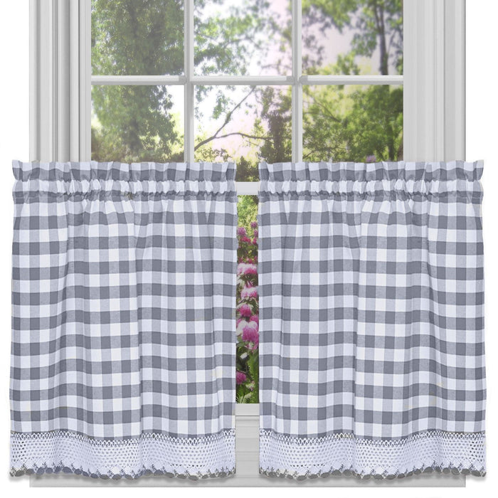 Check Window Curtain Tier Pair - Buffalo, 58 Inches Width, 2 Tiers, Light Filtering, Polyester Cotton Blend - Grey - 58x24