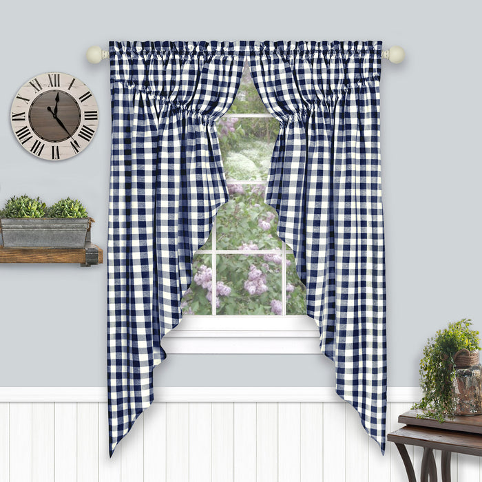 Check Gathered Swag Window Curtain Pair - Light Filtering Effect - Buffalo Style - 72x63 - Navy