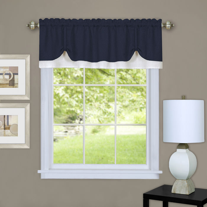 Darcy Rod Pocket Window Curtain Valance - 52 Inches x 14 Inches, Soft Chenille Fabric - Navy/White