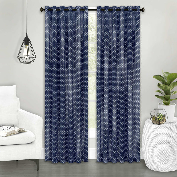 Front Tab Window Curtain Panel with Yarn-Dyed Accents - Bedford Collection - Navy - 42x63
