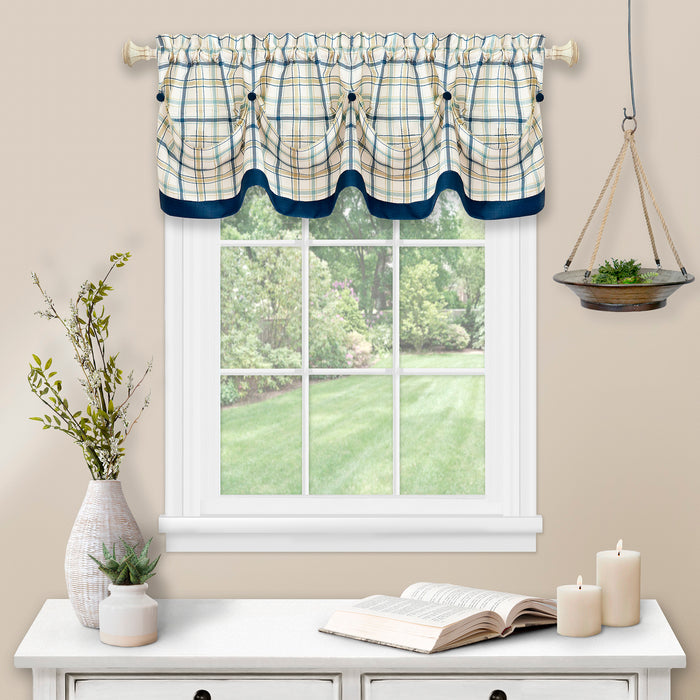 Tuck Valance with Buttons - Rustic Farmhouse Style - Tattersall - Textiles & Soft Furnishings - Navy