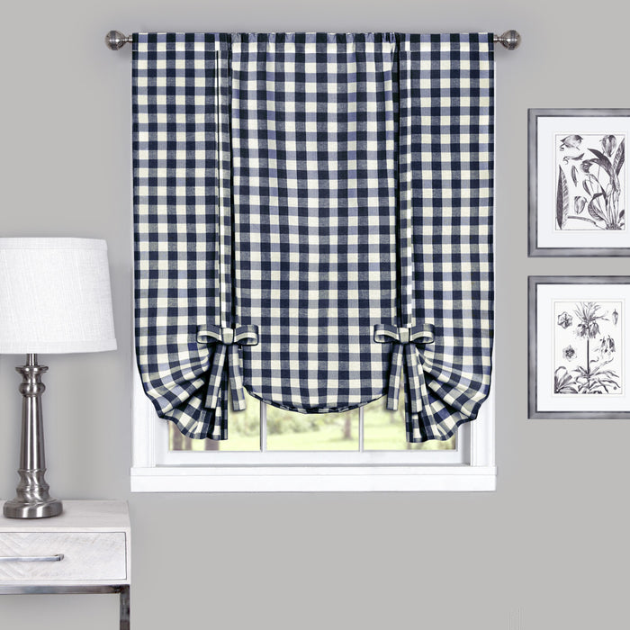 Buffalo Check Window Curtain Tie Up Shade, 42 Inches Wide, Light Filtering Effect, Easy Care Blend - Navy