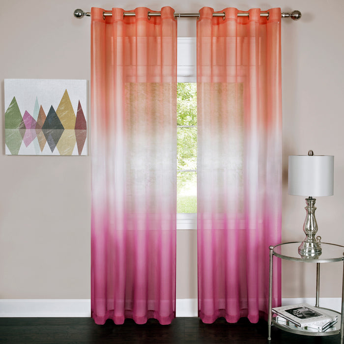 Rainbow Ombre Single Grommet Window Curtain Panel, 52" Width, Semi-Sheer Polyester, Machine Washable - Pink - 52x84