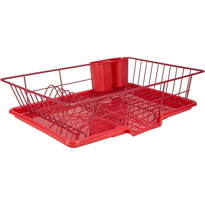 Extra Large 3 Piece Dish Rack Sink Set with Removable Drainboard & Utensil Holder - Heavy Duty Coated Wire - 19" x 12" x 5" - Red
