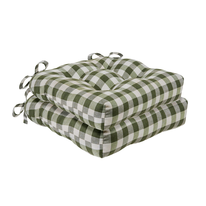 Check Tufted Chair Seat Cushions - Set of 2 with Stain-Repellent Poly-Cotton Fabric - Sage