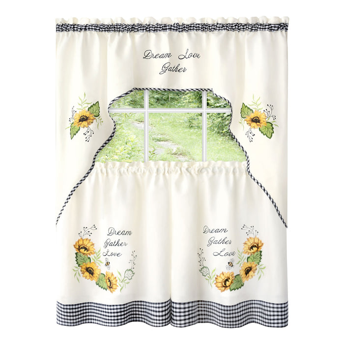 Embellished Tier and Swag Curtain Set - Sunflower Picnic, 58x36 Inches with Custom Fit Tiers - 58x24