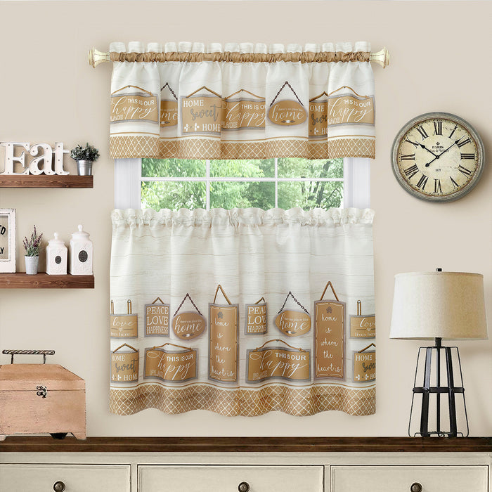 Modern Farmhouse Tier and Valance Set with Wood Textured Design and Cute Love Signs - Window Curtains, 58x13 inches - Tan - 58x36