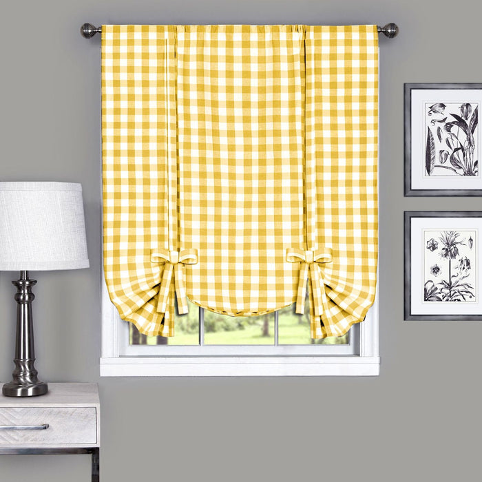 Buffalo Check Window Curtain Tie Up Shade, 42 Inches Wide, Light Filtering Effect, Easy Care Blend - Yellow