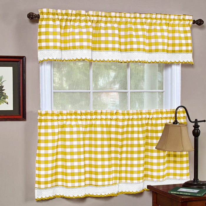 Check Window Curtain Tier Pair - Buffalo, 58 Inches Width, 2 Tiers, Light Filtering, Polyester Cotton Blend - Yellow - 58x36