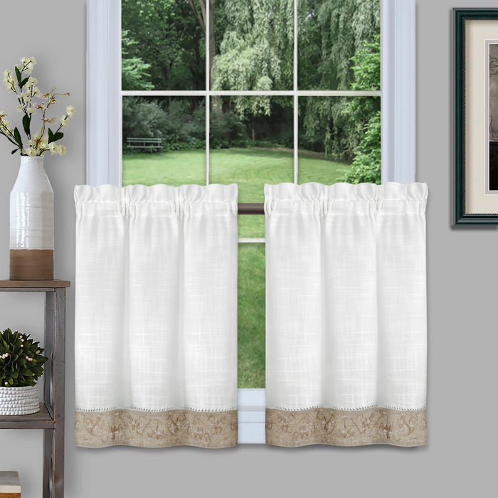 Window Curtain Tier Pair - Oakwood Style, Natural Linen Look with Monochromatic Floral Embroidery, Economically Priced for Low-Maintenance Home Decor - 58x24