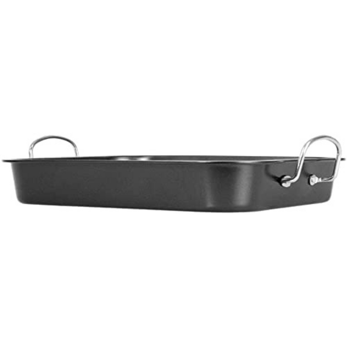 Deluxe Non Stick Roaster/Roasting Pan with Handles and Grill Rack, Excellent for Turkeys, Hams and Chickens 15.5" x 11.5", Black