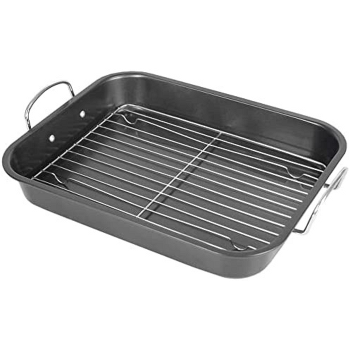 Deluxe Non Stick Roaster/Roasting Pan with Handles and Grill Rack, Excellent for Turkeys, Hams and Chickens 15.5" x 11.5", Black