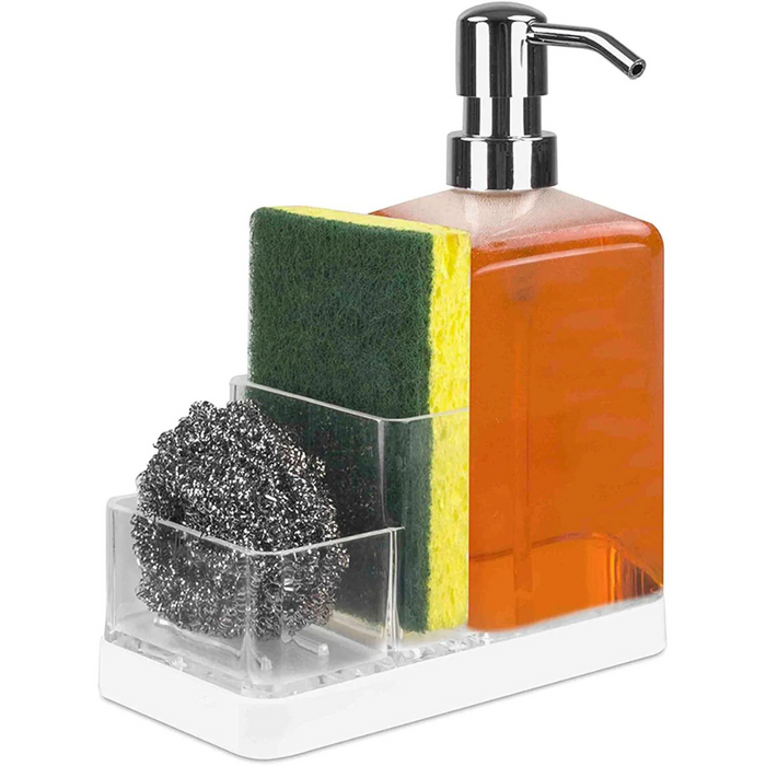 Kitchen & Bathroom Countertop Soap Dispenser with Two Accessory Compartment Caddy for Sponge, Toothbrush, Scrubbers