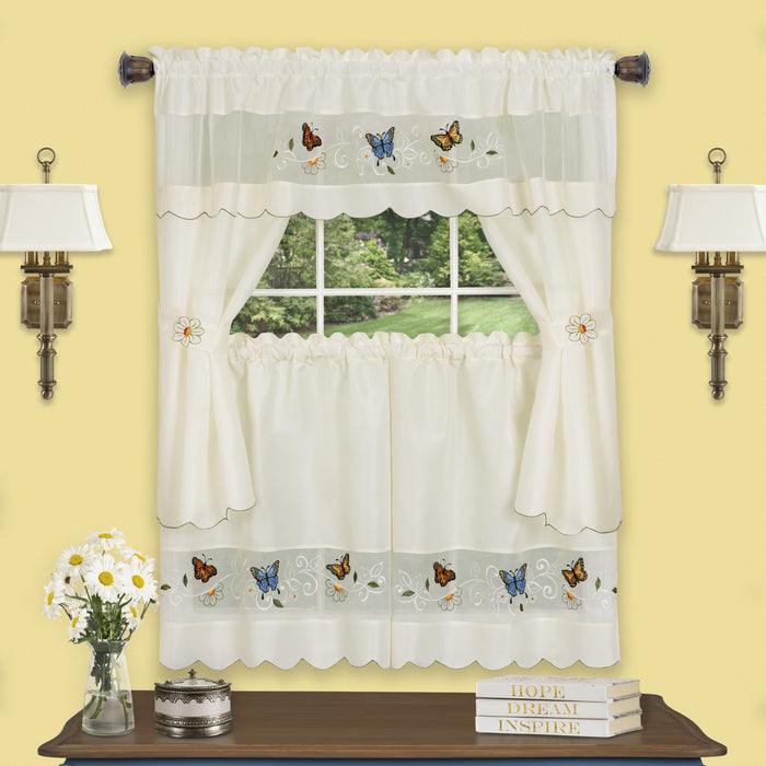 Embellished Cottage Window Curtain Set with Chefs Design, 5-Piece, Daisy Meadow Style - 58x24