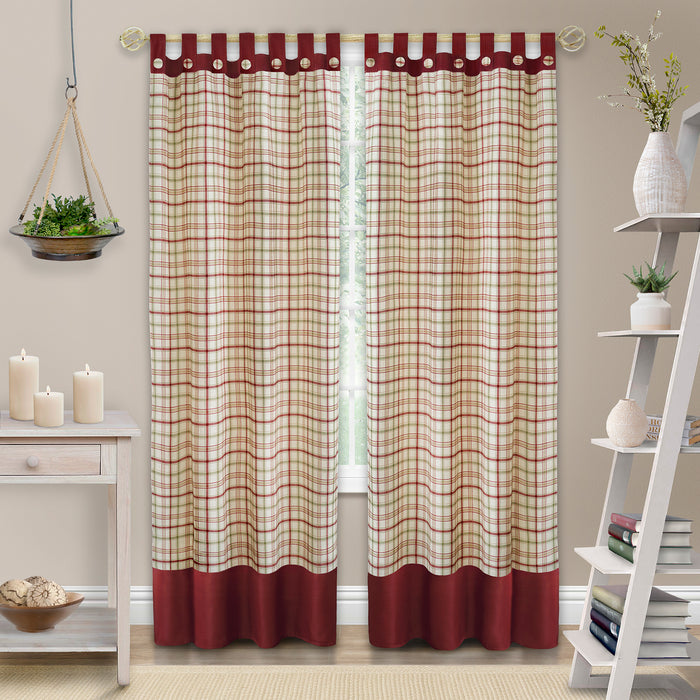Tattersall Plaid Button Tab Top Window Curtain Panel, 63 Inches