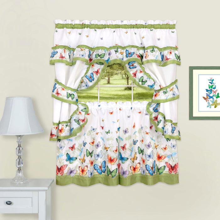 Cottage Window Curtain Set - Butterflies Printed, 5-Piece with Valance, Tiers, and Tiebacks - Green - 57x24