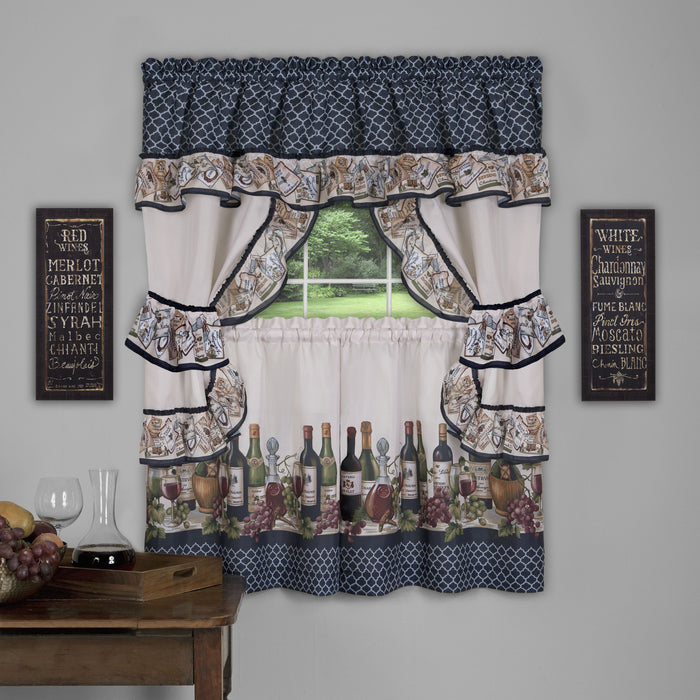 Cottage Window Curtain Set - Chateau, 5-Piece with Valance, Tiers, and Tiebacks - Navy - 57x36