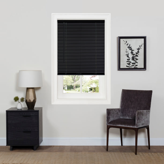 1" Room Darkening Mini Blind - Black with Child and Pet Safety, Fashionable Headrail