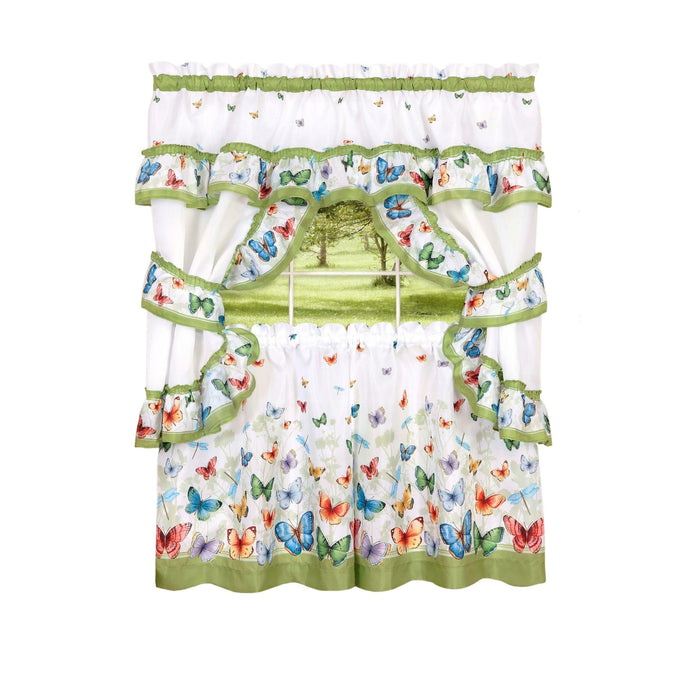 Cottage Window Curtain Set - Butterflies Printed, 5-Piece with Valance, Tiers, and Tiebacks - Green - 57x24