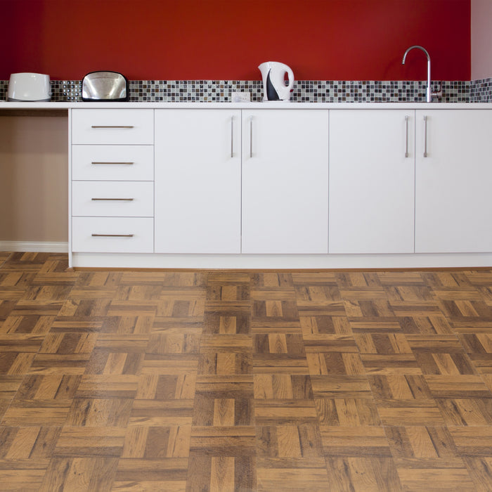 Tivoli 12x12 Self Adhesive Vinyl Floor Tile - Covers 45 Square Feet, 1-Year Warranty - 3 Finger Med. Oak Parquet