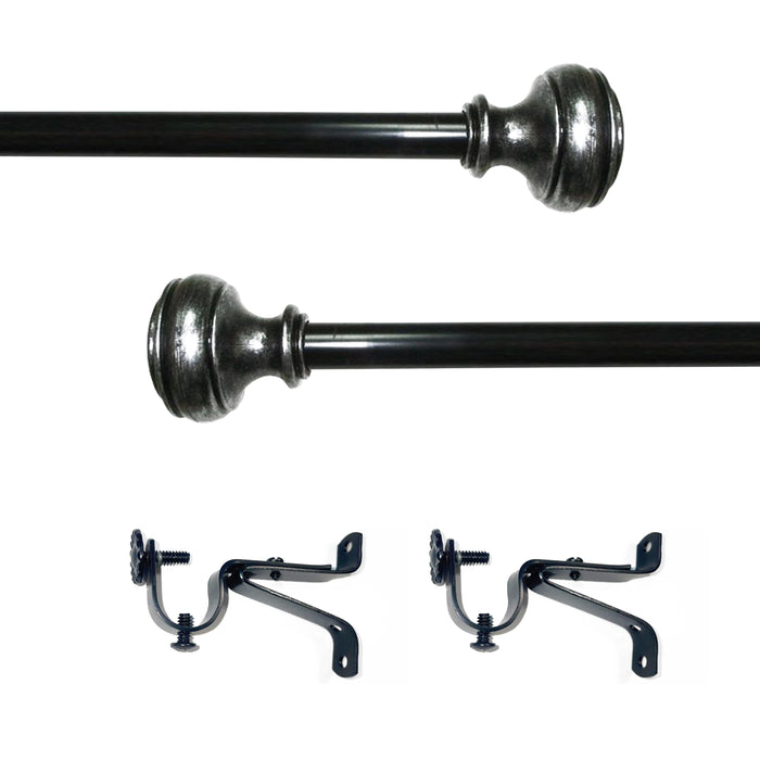 Bradford Style Buono II Decorative Rod & Finial with Matching All-Metal Hardware, Antique Silver PVC Finials - 48-86