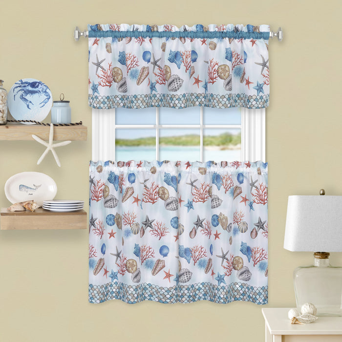 Coastal Tier and Valance Window Curtain Set with Fish-Scale Borders and Sea Motifs - 58x24