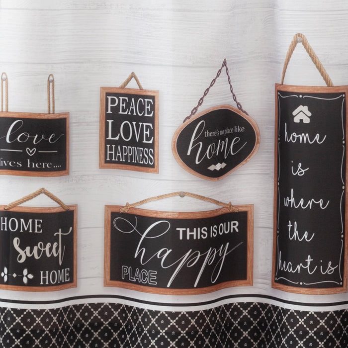 Modern Farmhouse Tier and Valance Set with Wood Textured Design and Cute Love Signs - Window Curtains, 58x13 inches
