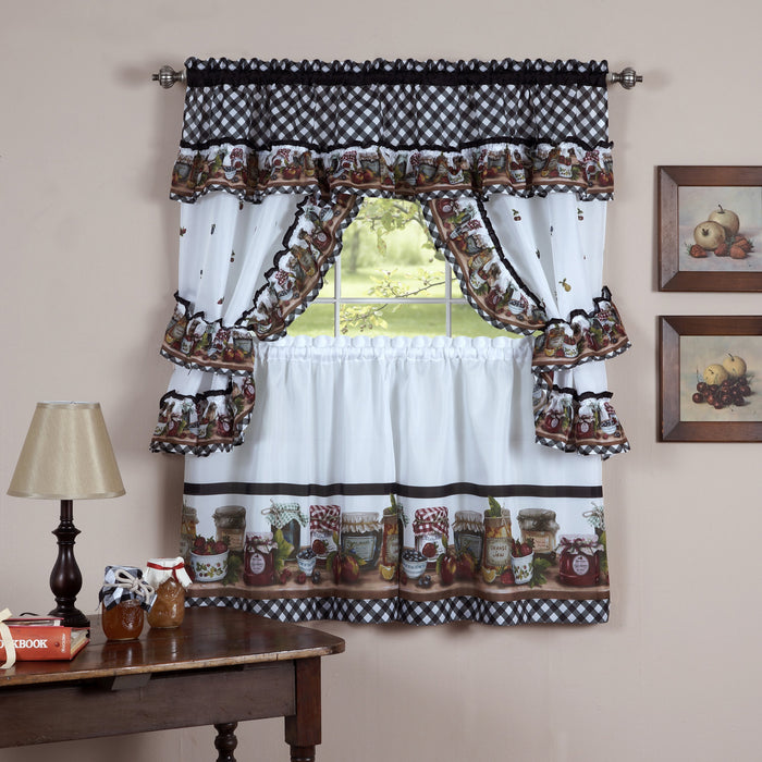 Mason Jars Window Curtain Set, Rustic Style Statement with Traditional Black and White Gingham, 1 Tier Pair and 1 Topper Included - 57x24