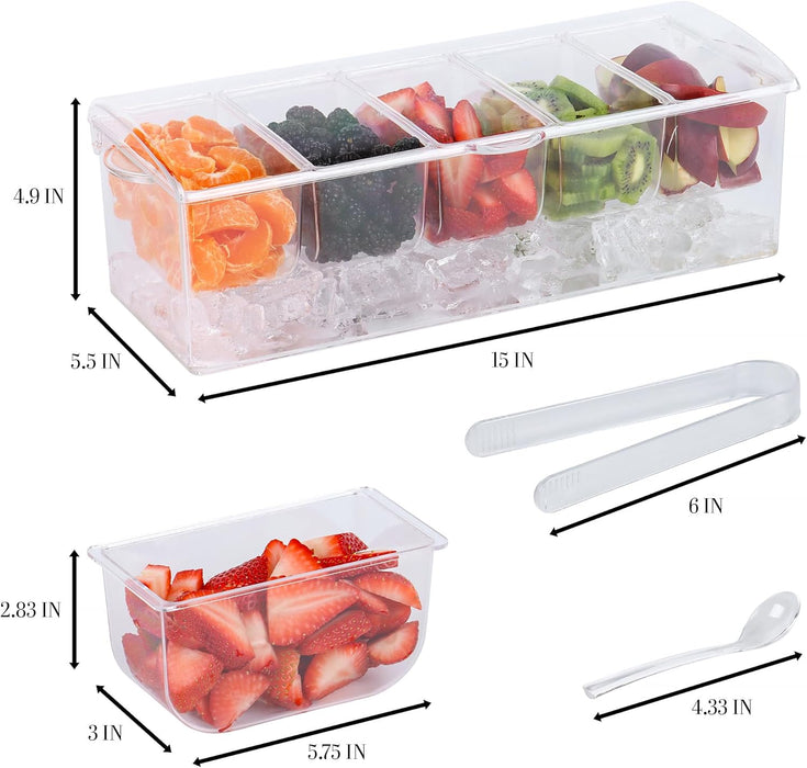 Condiment Caddy with 5 Removable Containers (2.5Cup) & Tongs/Spoon Set - Great Condiment Containers for Salad Bar, Garnish Tray, Pizza Topping Station, Bar Supplies, Vegetable Tray With Lid