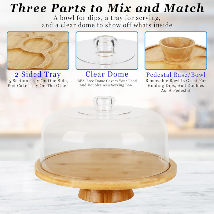 6 in 1 Large Bamboo Wood Cake Stand with Lid - Multiuse Wooden Cake Stand with Dome Acrylic Cake Cover/Cake Dome - Cake Holder With Lid - Acrylic Cake Stand Dome & Bamboo Base Punch Bowl - Cake Stands