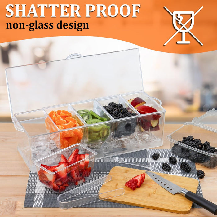 Condiment Caddy with 5 Removable Containers (2.5Cup) & Tongs/Spoon Set - Great Condiment Containers for Salad Bar, Garnish Tray, Pizza Topping Station, Bar Supplies, Vegetable Tray With Lid