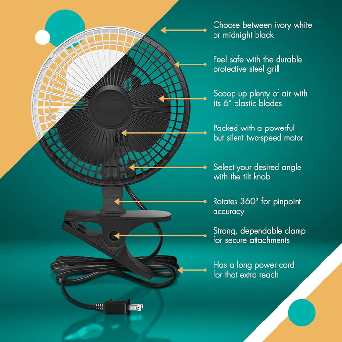 6 INCH - 2 Speed - Adjustable Tilt, Whisper Quiet Operation Clip-On-Fan with 5.5 Foot Cord and Steel Safety Grill (6" Fan with 5 FT Cord) - 2 Pack - Black