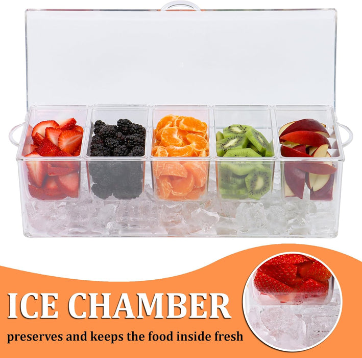 Condiment Caddy with 5 Removable Containers (2.5Cup) & Tongs/Spoon Set - Great Condiment Containers for Salad Bar, Garnish Tray, Pizza Topping Station, Bar Supplies, Vegetable Tray With Lid
