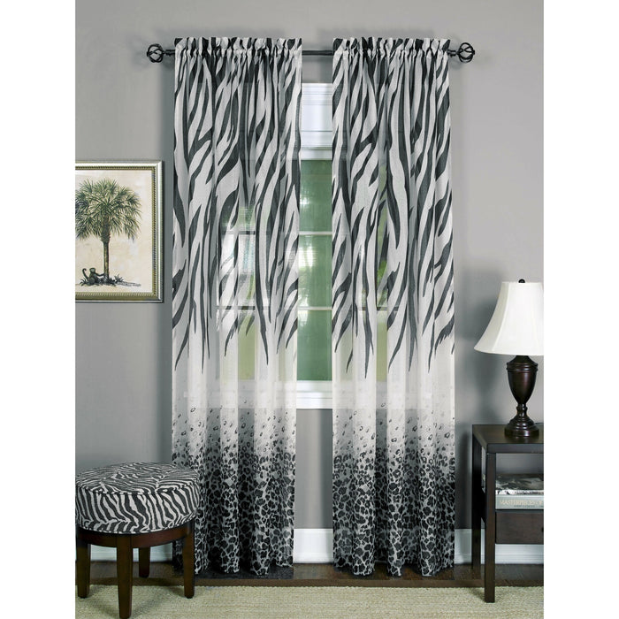 Kenya Window Curtain Panel by Masterpieces - Leopard and Zebra Print, Rod Pockets, 100% Polyester - Black - 50x63