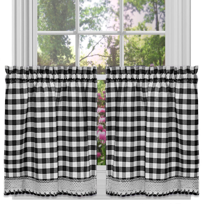 Check Window Curtain Tier Pair - Buffalo, 58 Inches Width, 2 Tiers, Light Filtering, Polyester Cotton Blend - Black - 58x24