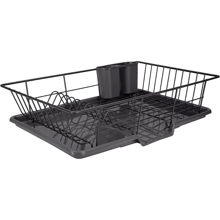 Extra Large 3 Piece Dish Rack Sink Set with Removable Drainboard & Utensil Holder - Heavy Duty Coated Wire - 19" x 12" x 5" - Black