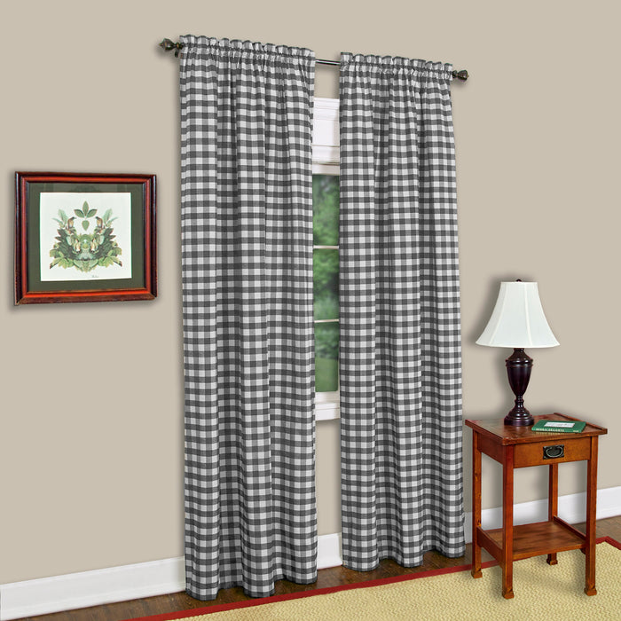 Buffalo Check Window Curtain Panel, 42 Inches Width, Light Filtering, Easy-Care Blend, Sold Separately - Black - 42x95