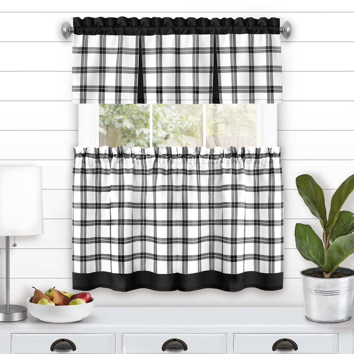 Tate Tier and Valance Window Set - Plaid Window Curtains with 53" Valance Width - Black - 58x24